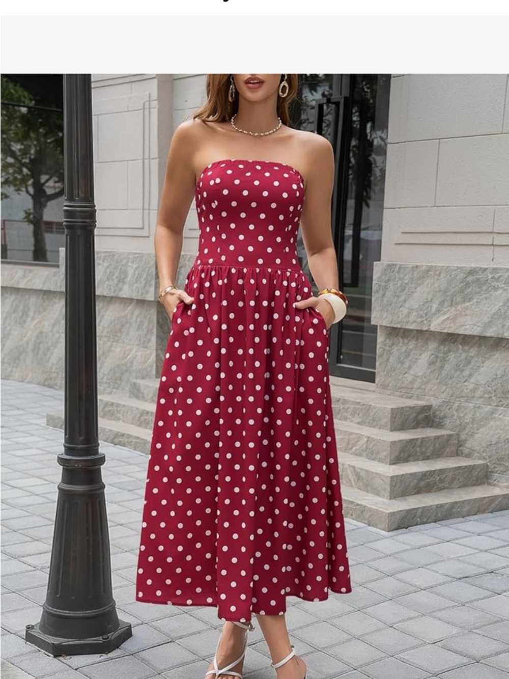 Women’s Red Polka Dot Strapless Maxi Dress